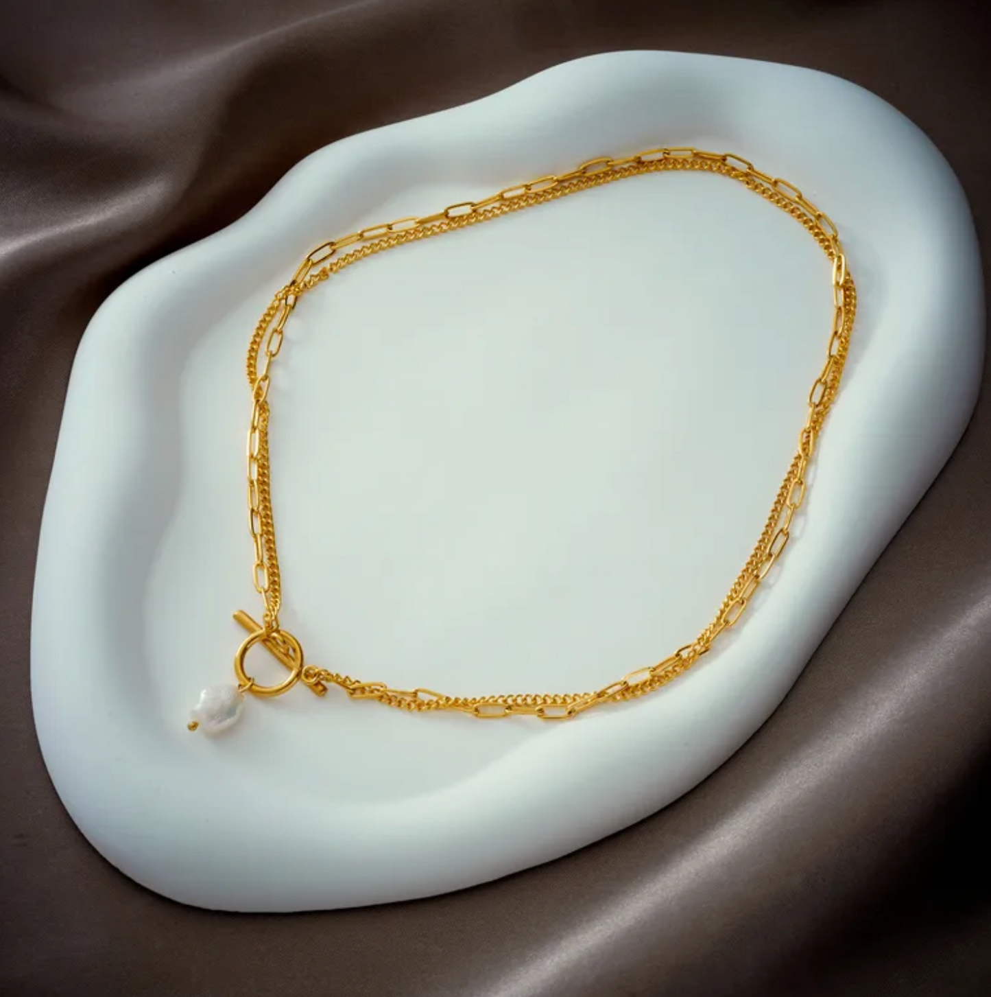 304 Stainless Steel Layered Necklace with Artificial Pearl– 18K Gold Plated
