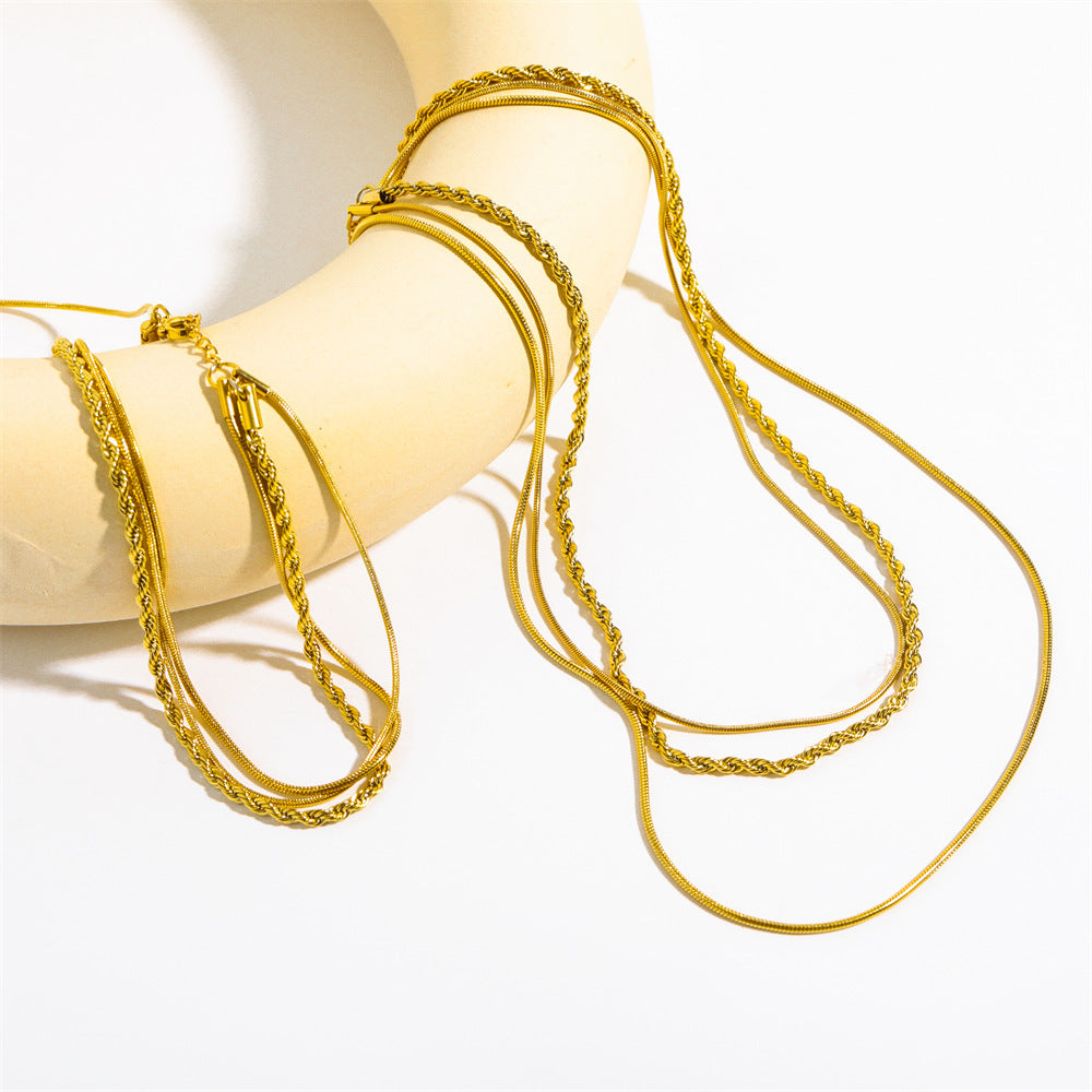 Gold Plated Layered Necklace – Hip-Hop Vintage Style, 201/304 Stainless Steel, Geometric Design