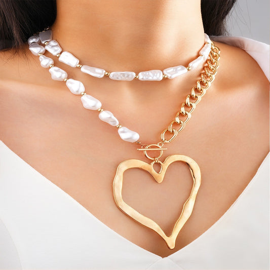 Exaggerated Heart-Shaped Imitation Pearl Statement Necklace