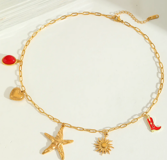 Elegant Multi-Charm Necklace – 18K Gold Plated, Sun, Starfish, Geometric Charms on Paperclip Chain