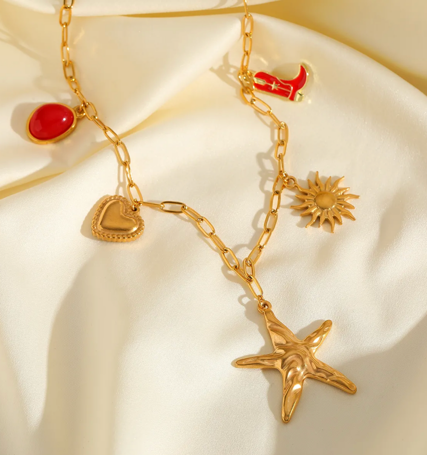 Elegant Multi-Charm Necklace – 18K Gold Plated, Sun, Starfish, Geometric Charms on Paperclip Chain