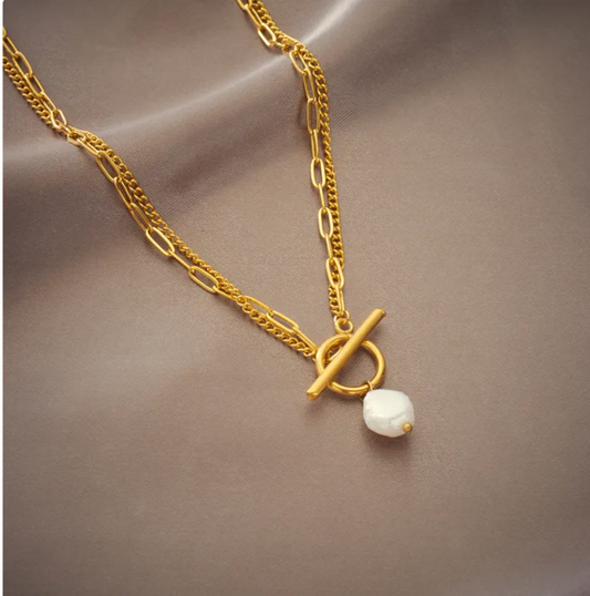 304 Stainless Steel Layered Necklace with Artificial Pearl– 18K Gold Plated