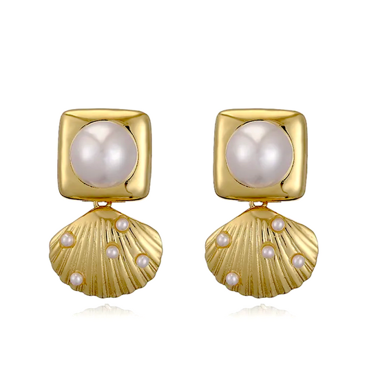 Square Shell Pearl Stud Earrings