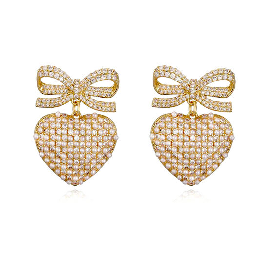 Romantic Bowknot Heart Pearl Earrings